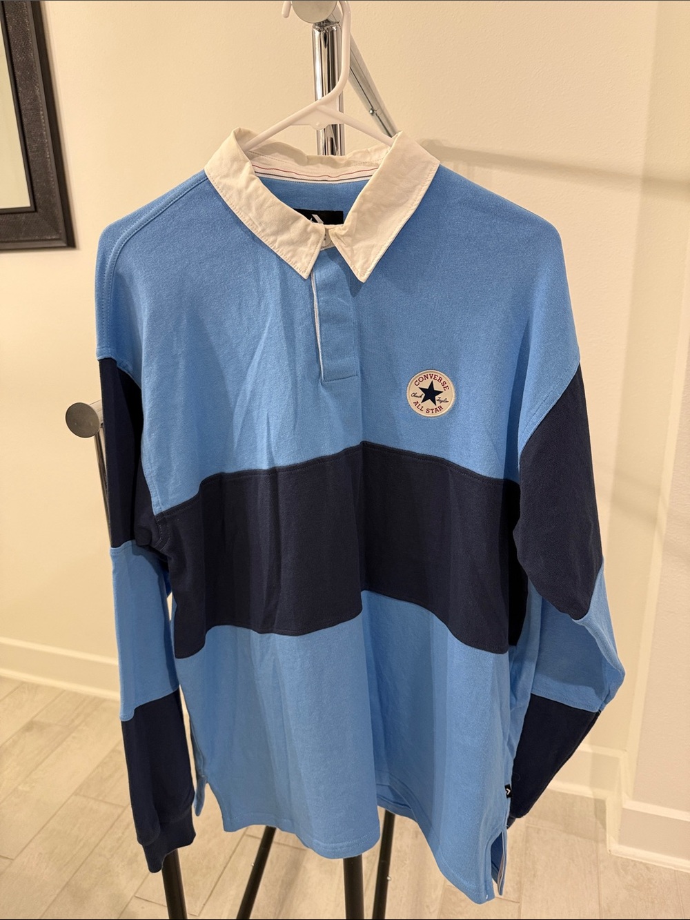 Converse Men’s Light Blue & Navy Rugby Shirt with White Collar